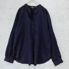 美品UNIQLO レーヨンストライプリラックスブラウスノーカラー長袖M