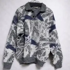 【最終値下げ】総柄 ニット ニットポロ セーター グレー系 古着