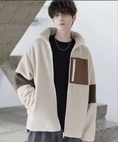 ETELIO 防風ボア袖ライン切替スタンドネックジャケット(ドローコード付き)M