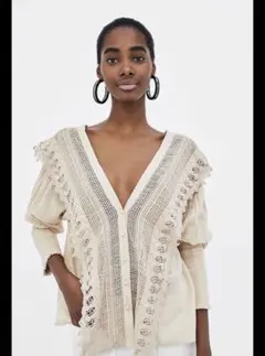 ZARA 長袖　Vネック　レース　ブラウス