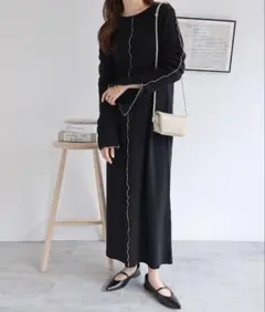andmeアンドミー 楊柳配色メロー長袖ワンピース ブラック