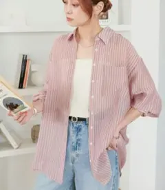 【未使用】ディスコート　シアーストライプシャツ ピンクのサムネイル