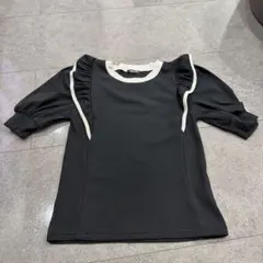 SURVEY フリル袖 ブラック Tシャツ５分丈 Lサイズ