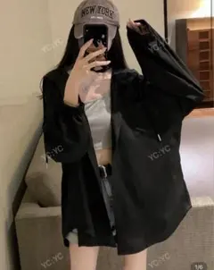 ドロップショルダー フード付きルーズシャツ ブラックのサムネイル