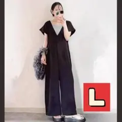 レディース サロペット オールインワン ワイドパンツ Vネック 体型カバー