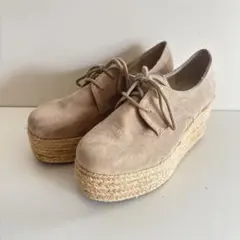 【美品】オリエンタルトラフィック 厚底 レースアップシューズ S ベージュ 麻