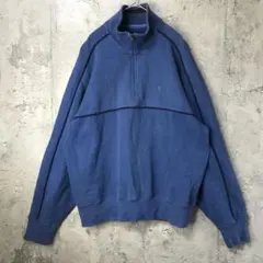 B1744古着　トレーナー　スウェット　ワンポイント　ハーフジップ　青　黒