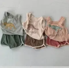 恐竜ノースリーブセットアップ　夏服　パンツ　韓国子供服　ベビーピンク80