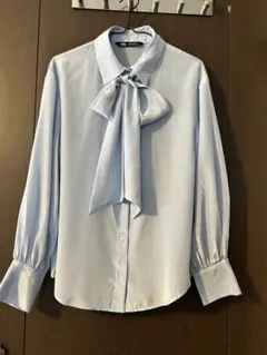ZARA リボン付きライトブルーシャツ　S