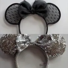 ミニーマウス 耳 カチューシャ 黒 レース スパンコール キラキラ シルバー