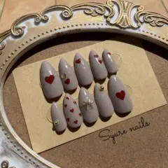 【現品】ハートネイル グレー 赤 大人可愛い ガーリー
