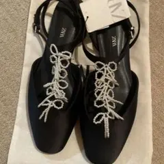 ZARA ビジューリボンデザイン　ブラック ストラップシューズ　37 タグ付き