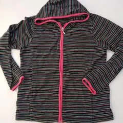 M古着レディース薄手パーカー春秋物フードつきドットストライプブラックピンク