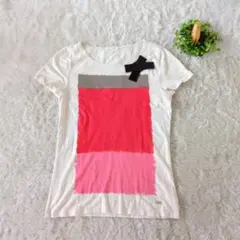 ポールカ カットソー 半袖 リボン 白ピンク　M　Tシャツ　大人おしゃれのサムネイル