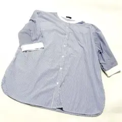 Spinkle 青と白のストライプ バンドカラー五分袖シャツ　3L