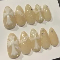 No.67 ネイルチップ♡ちゅるんベージュ レースネイル ワンホンキラキラネイル