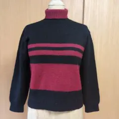 黒と赤のストライプ ハイネックニットセーター