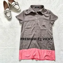 【プレミアバイビッキー】M 半袖チュニック シャツ　グレージュピンク