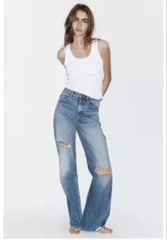 ZARAザラTRF ダメージ加工ワイドレッグハイウエストジーンズ　34インチ