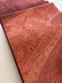袋帯 赤茶系 ペイズリー柄 中国三大刺繍諏訪刺繍 太鼓柄　紬地　色無地　正絹
