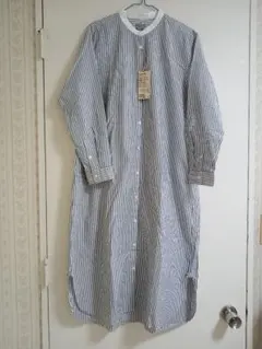 洗いざらしブロード、スタンドカラー長袖ワンピースM