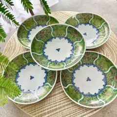 献上古伊万里　取り皿　5枚　緑　金彩　曼荼羅　グリーン　ケーキ皿　中皿　丸　深皿