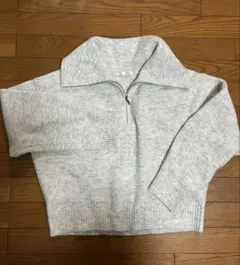 リブ編み ジップアップセーター グレー