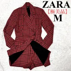 【極美品】ザラ　コート　変形ロングジャケット　千鳥格子　ロンパース　レッド　黒