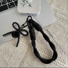 ボンボン付きリボン ストラップ ブラック