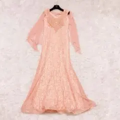 総レース 刺繍 ビーズ 装飾 ドレス ロング ノースリーブ ショール セミフレア