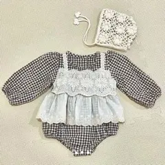 韓国子供服 ギンガムチェック ロンパース 60-70とボンネット