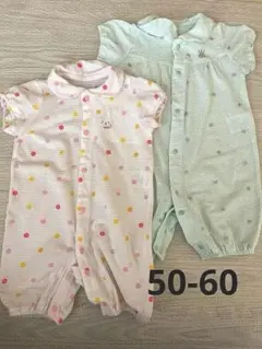 ドット柄襟付きロンパース2点セット　50-60 半袖　女の子　ピンク