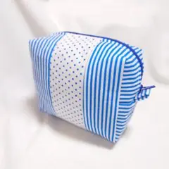 ハンドメイド ポーチ 小物入れ 青 ストライプ ドット柄