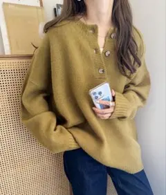 andme 天竺編みヘンリーネック長袖ニットトップス ライム