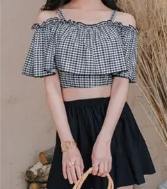 オフショルダーチェック柄スカートビキニ 水着