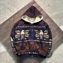 7W2 ネイティブ柄　ジップアップ　ニットジャケット　裏ボア　古着used
