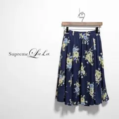 シュプリームララ　花柄フレアスカート　ミモレ丈　フェミニン　上品　ネイビー系　Mのサムネイル