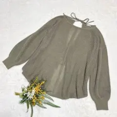 美品✨【ジーユー】GU メッシュバックリボンセーター 透け感 カーキ XL ●