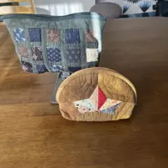 パッチワーク　ポーチ セット　グリーン系　ベージュ系