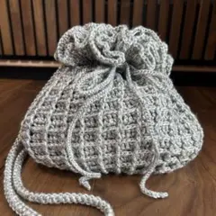 ワッフルショルダー巾着バッグ　ハンドメイド　silver