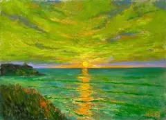 海と朝日 F4 油彩画 風景画 絵画 oil painting art