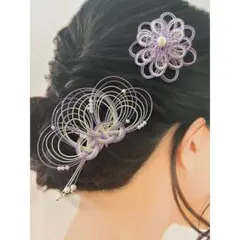 《セットでお得》和装　髪飾り　水引アクセサリー　2点セット　紫　【ハンドメイド】