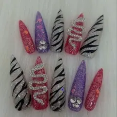 ネイルチップ/ギャル/ロング/ゼブラ柄/ラメ/平成