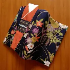 ブックカバー　打ち掛け　和柄花　紺×柿色　文庫本サイズ