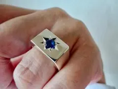 仁尾彫金『一つ星合成サファイア、ギャラクシー楕円の印台リング』588b