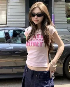 SHEIN ピンク ロゴプリント 半袖Tシャツ
