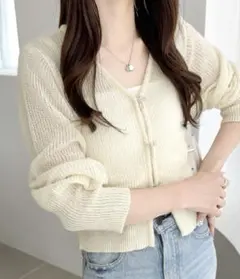 mily bilet 透かし編みビジューリボンボタンニットカーディガン