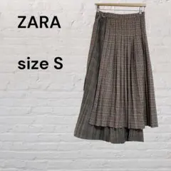 ZARA ザラ　チェック柄 プリーツロングスカート ラップ風 配色切替