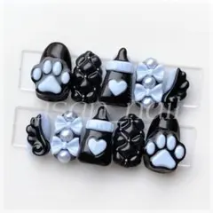 〖 現品 〗ネイルチップ183量産型地雷系サブカルブラック黒水色キルティング韓国