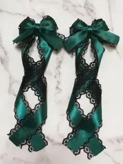 量産型 クロス ヘアクリップ 姫リボン♡ダークグリーン♡